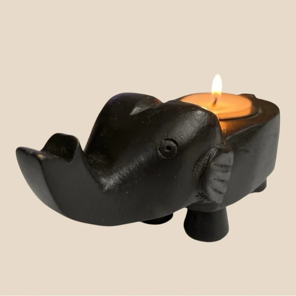 Vintage Black Elephant Tea Light Candle Holder Carved Wood Figurine 7